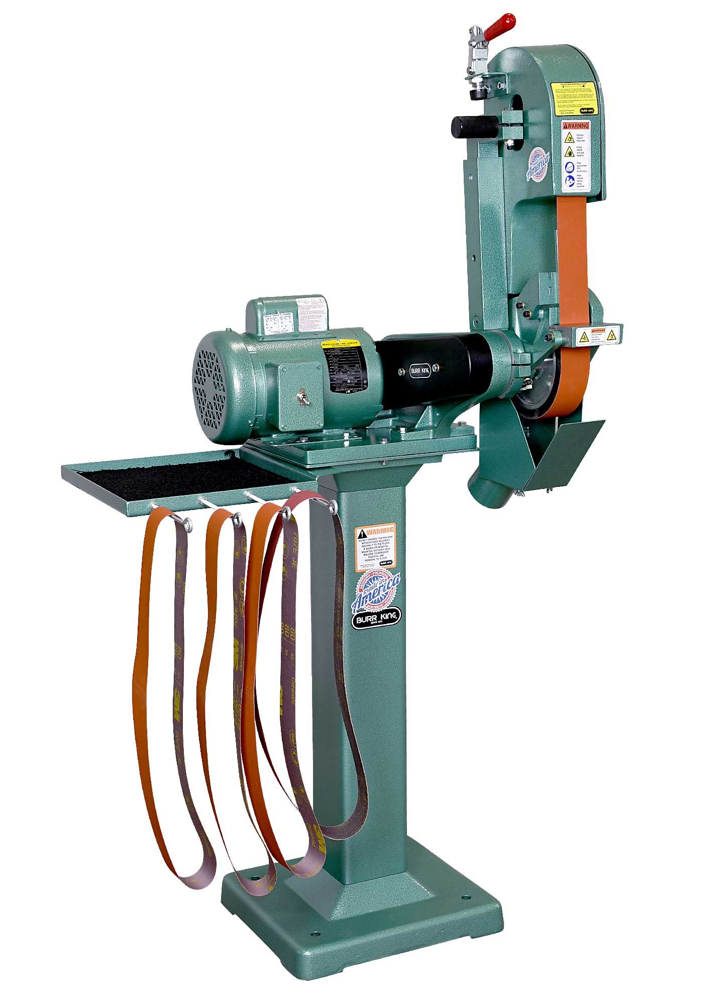 24820 - X400 fixed speed belt grinder shown with optional 01 pedestal, 760T-2 tool tray and DS400-1 dust scoop.